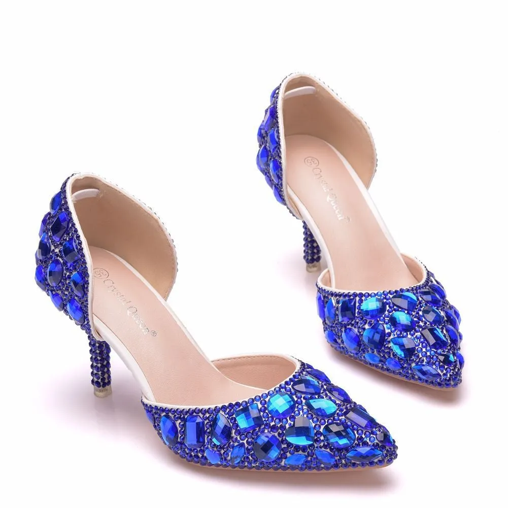 Women cute rhinestone side cut pointed toe stiletto wedding heels