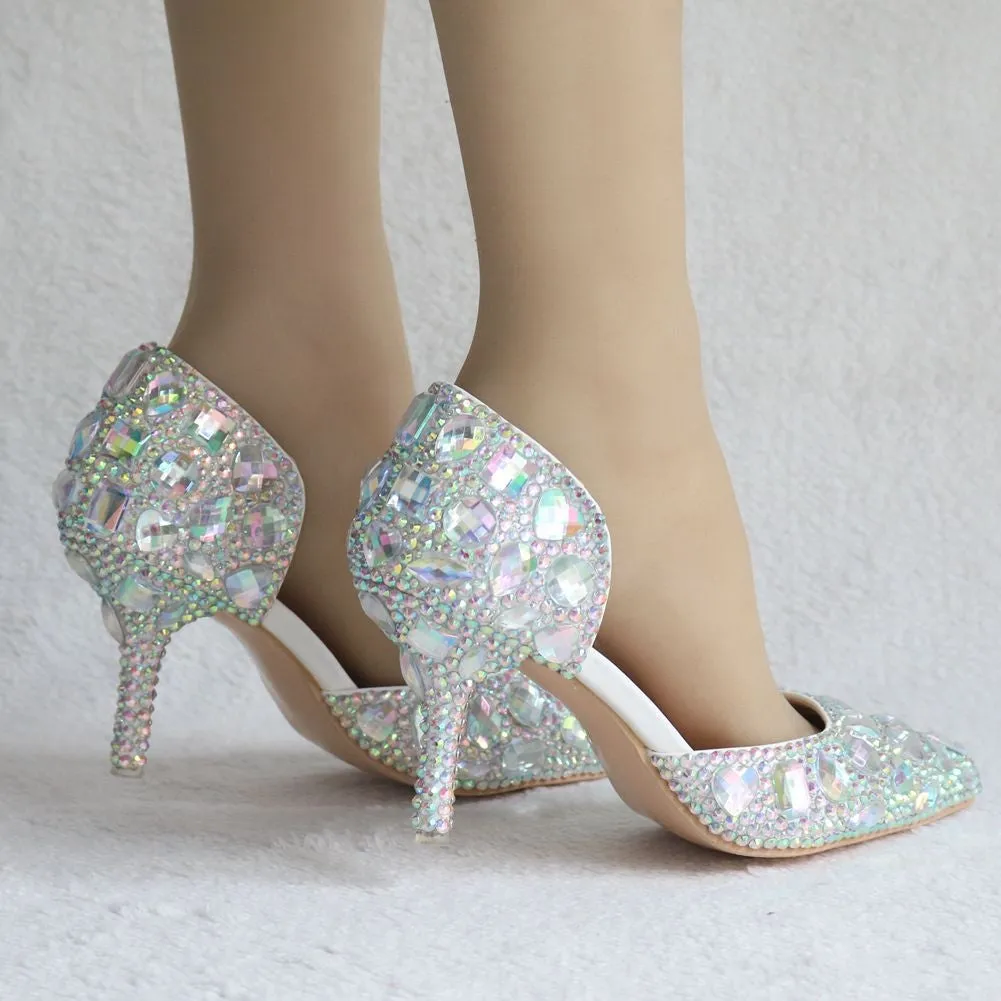 Women cute rhinestone side cut pointed toe stiletto wedding heels