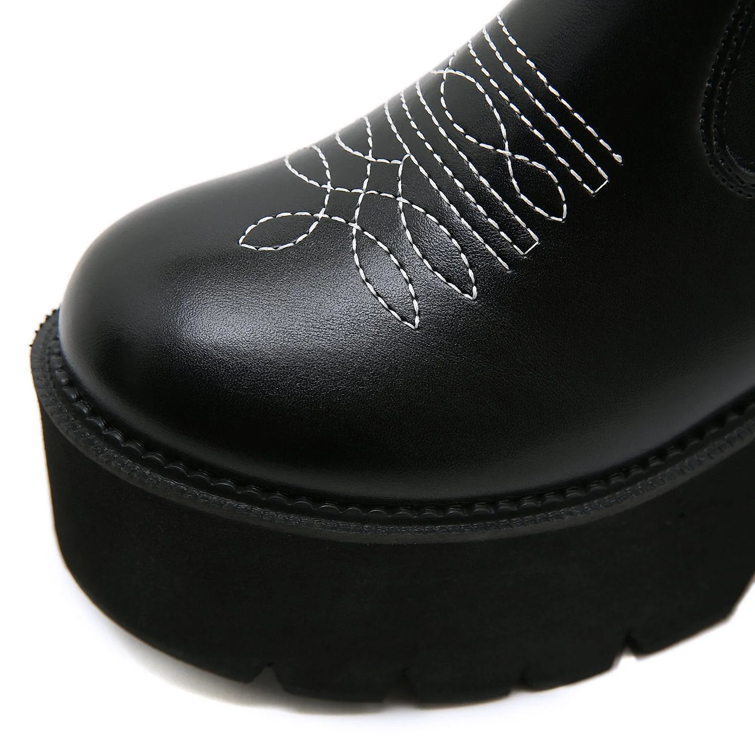 Women embroidered butterfly chunky heel platform knee high black boots