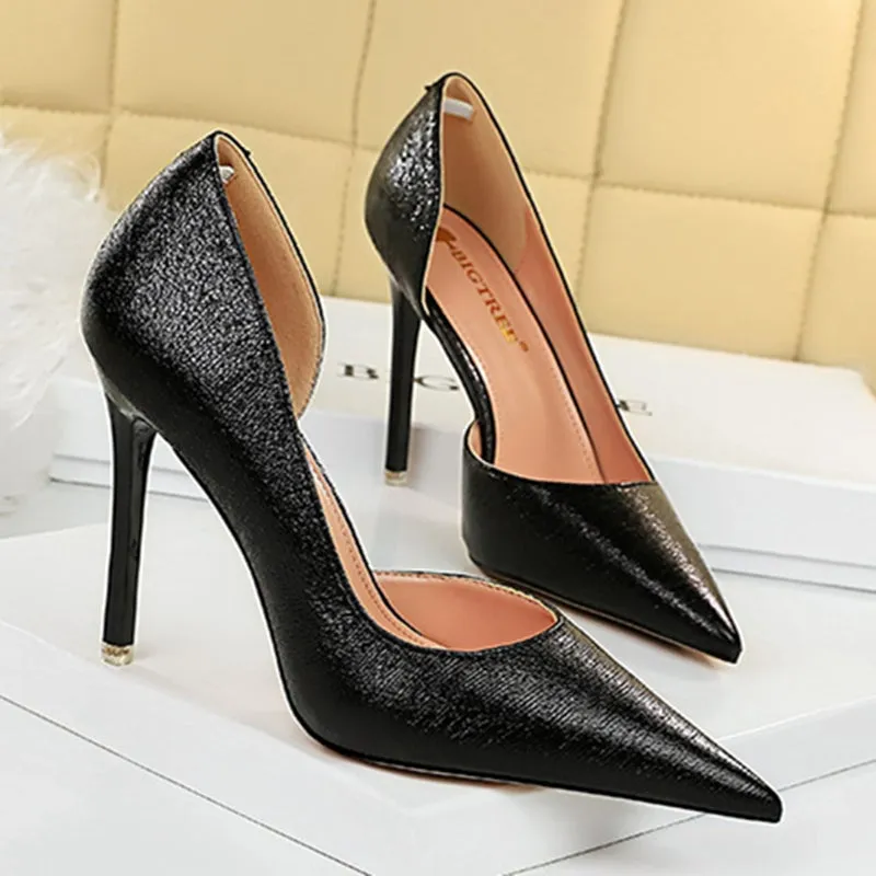 Women fashion prom pointed toe side cut stiletto heels