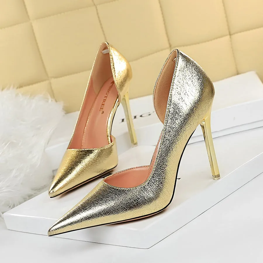 Women fashion prom pointed toe side cut stiletto heels