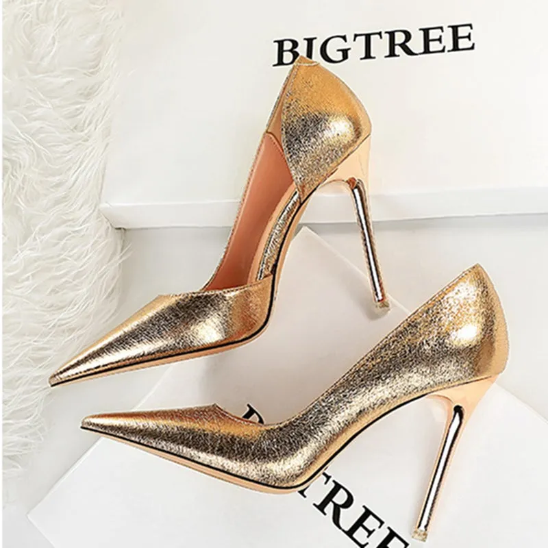 Women fashion prom pointed toe side cut stiletto heels