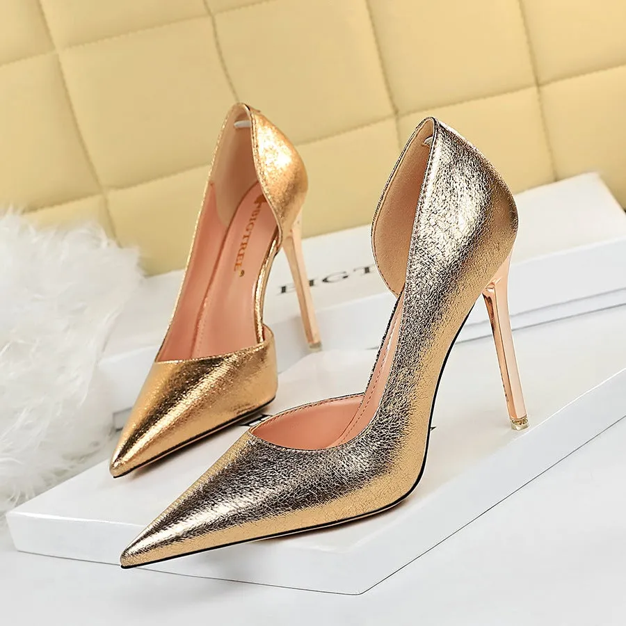 Women fashion prom pointed toe side cut stiletto heels