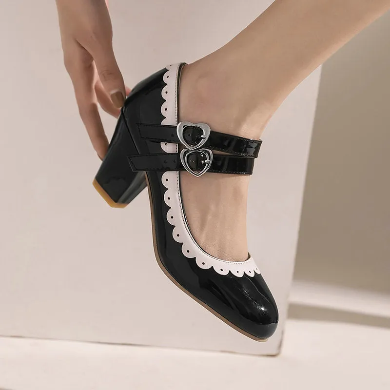 Women fashion round closed toe buckle strap chunky heels