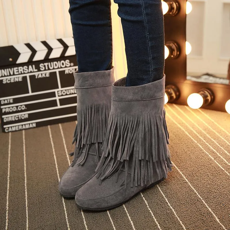 Women fringe solid color round toe short flat boots