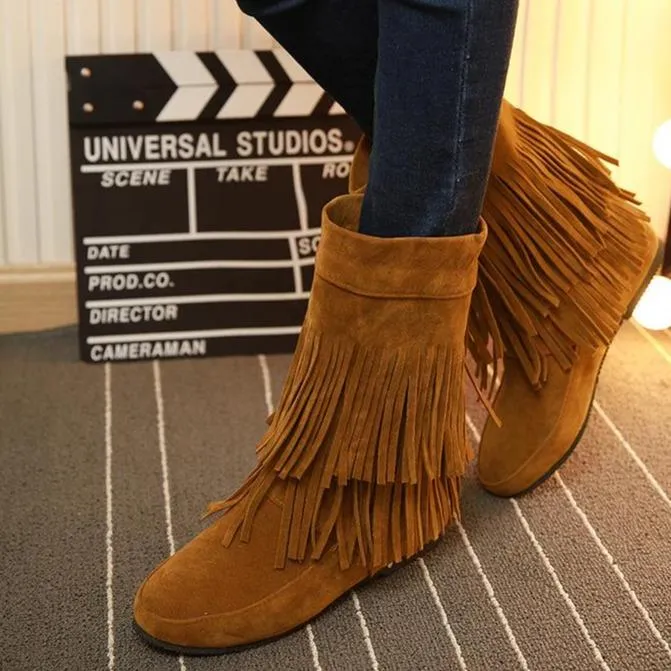 Women fringe solid color round toe short flat boots