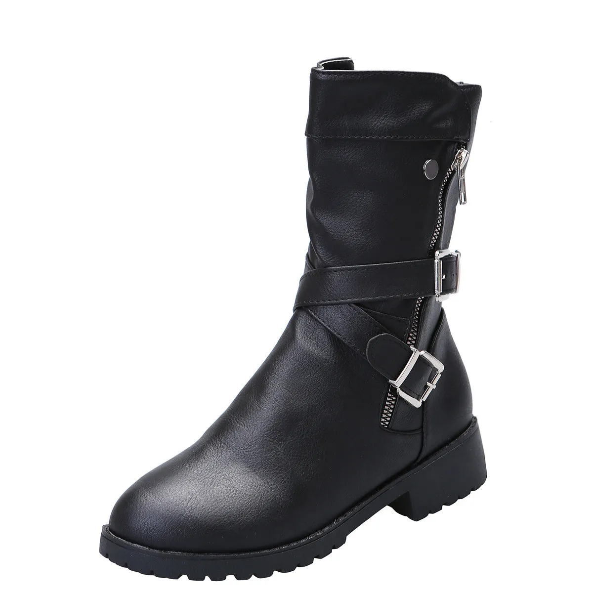 Women mid calf boots | Crisscross buckle strap side zipper motorcycle boots | Winter fashion boots