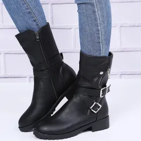 Women mid calf boots | Crisscross buckle strap side zipper motorcycle boots | Winter fashion boots