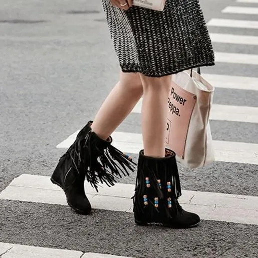 Women mid calf side zipper beaded fringe boots