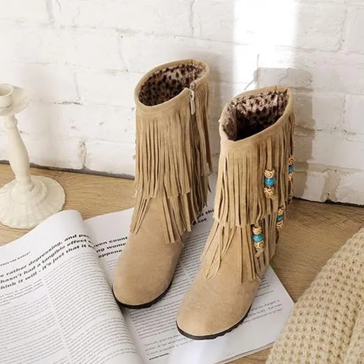 Women mid calf side zipper beaded fringe boots