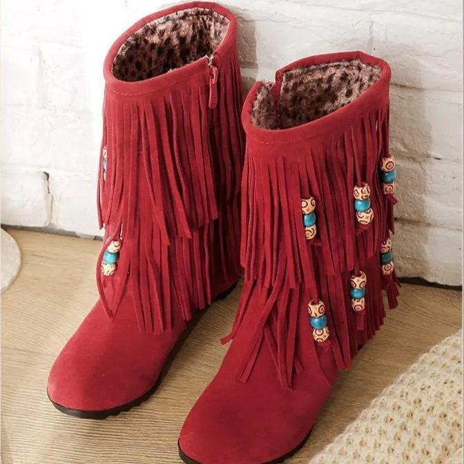 Women mid calf side zipper beaded fringe boots