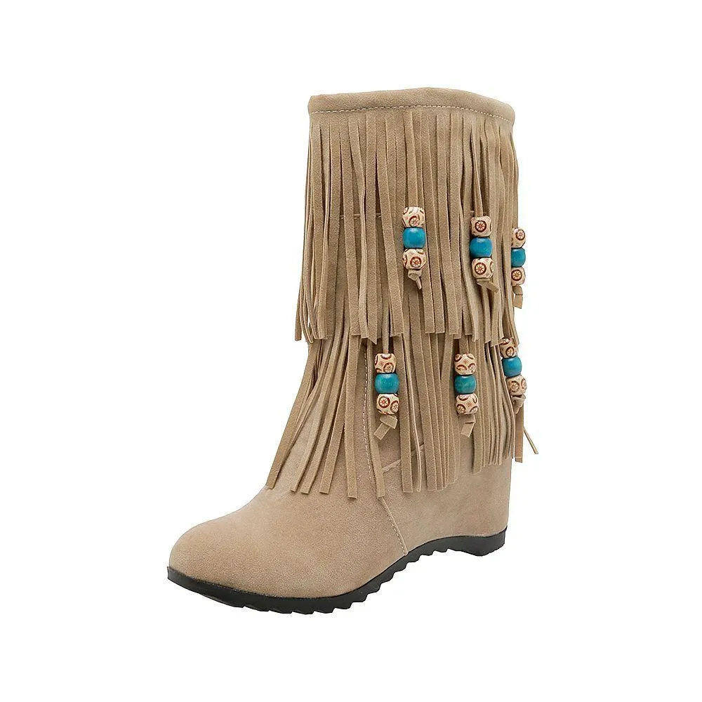 Women mid calf side zipper beaded fringe boots