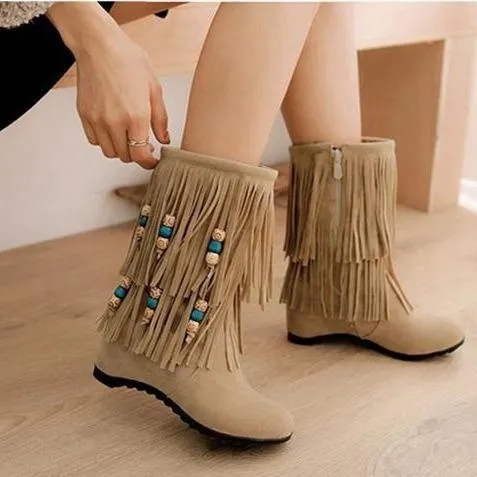 Women mid calf side zipper beaded fringe boots