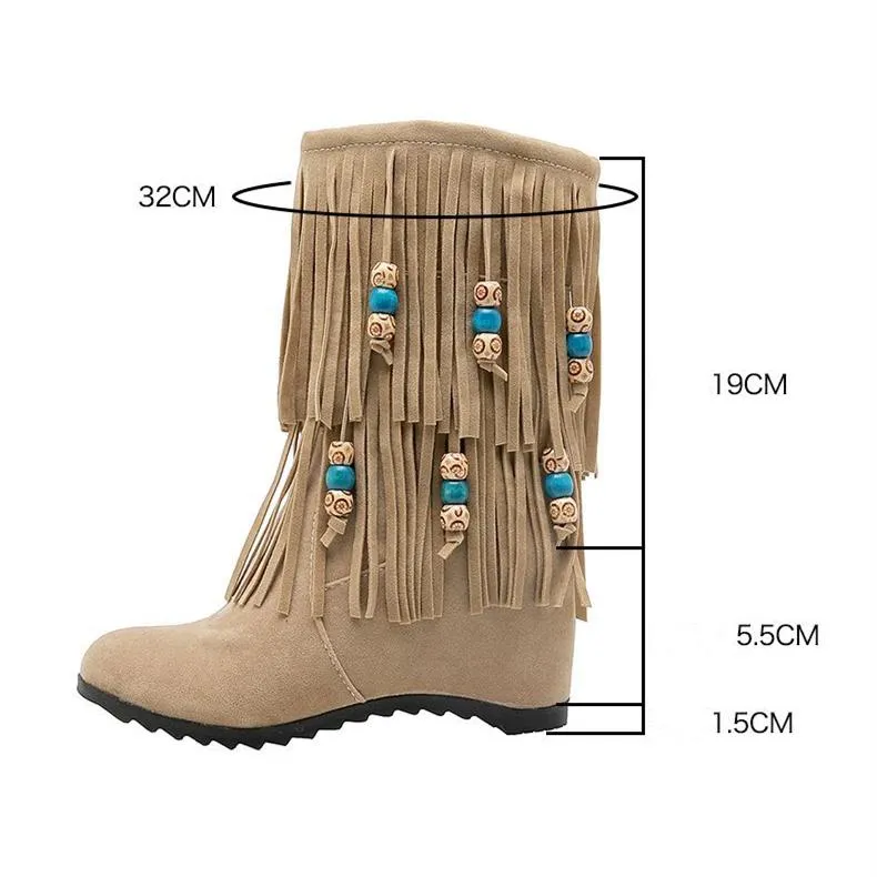 Women mid calf side zipper beaded fringe boots