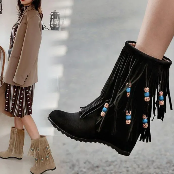 Women mid calf side zipper beaded fringe boots