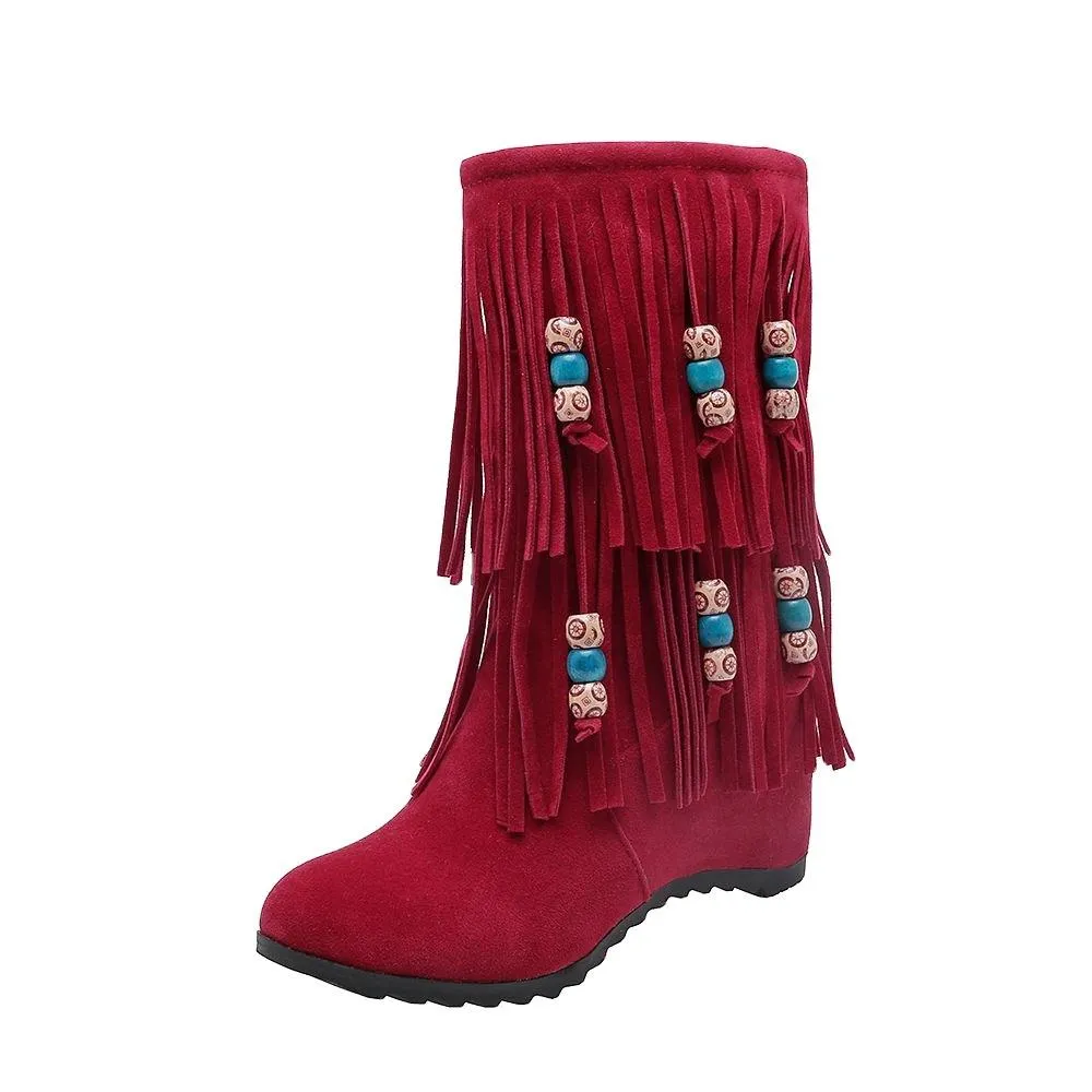 Women mid calf side zipper beaded fringe boots