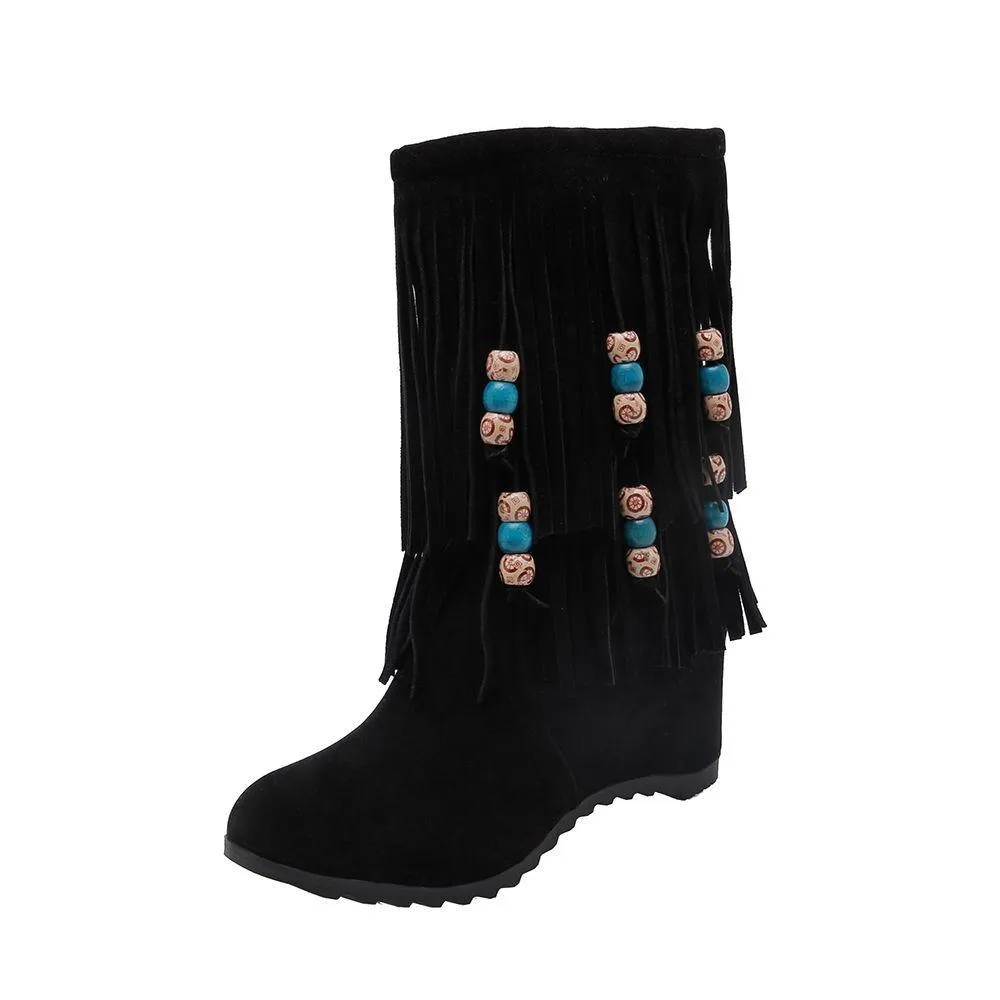 Women mid calf side zipper beaded fringe boots