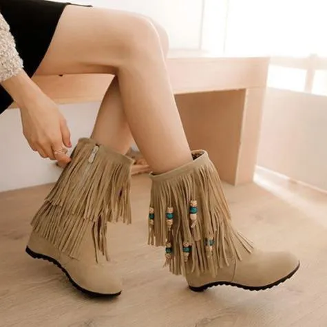 Women mid calf side zipper beaded fringe boots