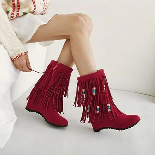 Women mid calf side zipper beaded fringe boots