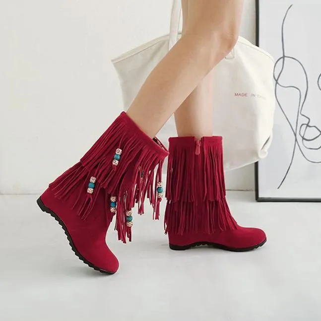 Women mid calf side zipper beaded fringe boots