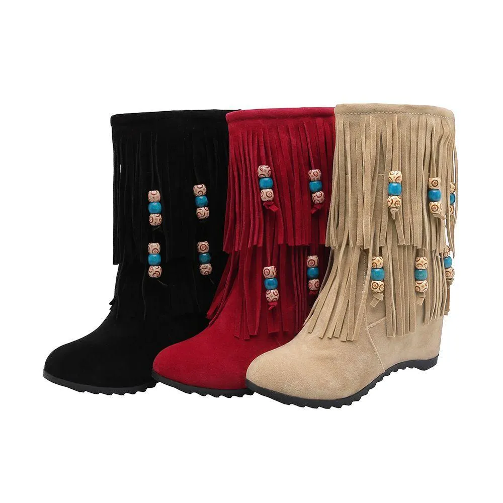 Women mid calf side zipper beaded fringe boots