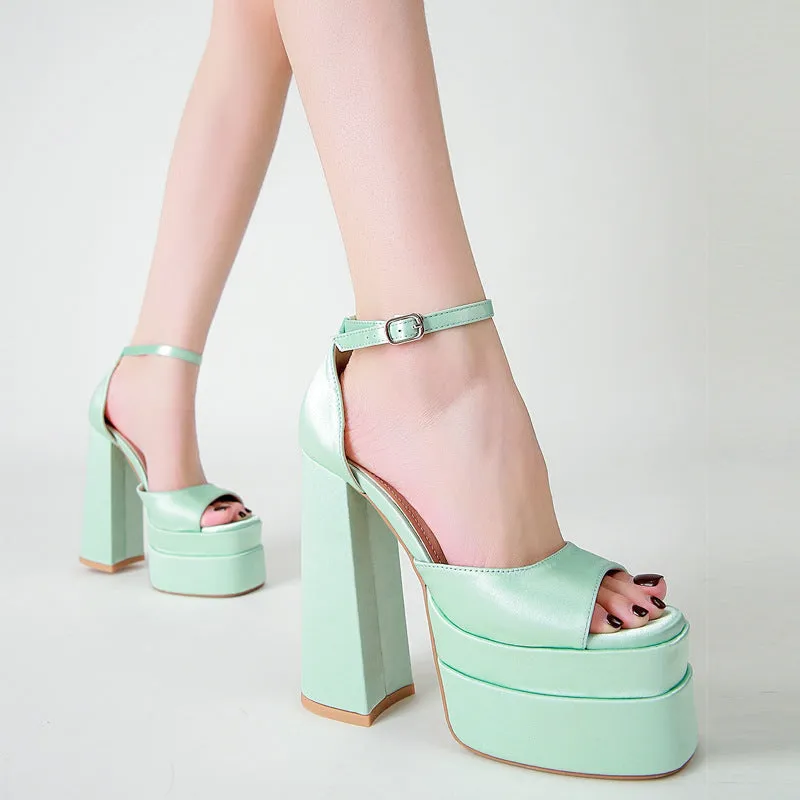 Women platform square peep toe side holow buckle strap chunky heels