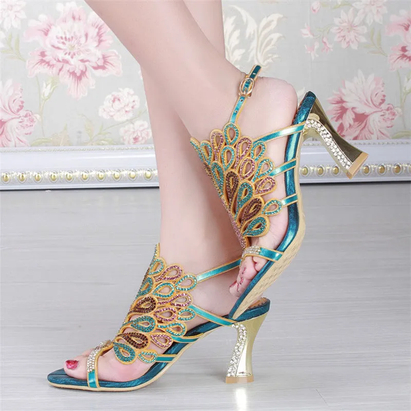 Women prom rhinestone peacock slingback peep toe chunky high heels