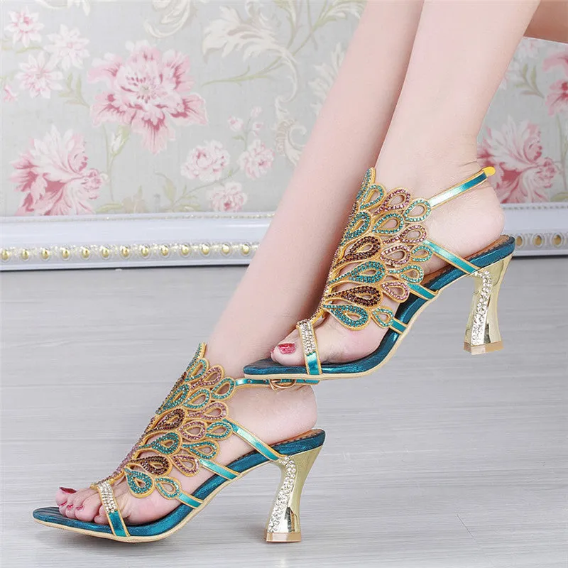 Women prom rhinestone peacock slingback peep toe chunky high heels