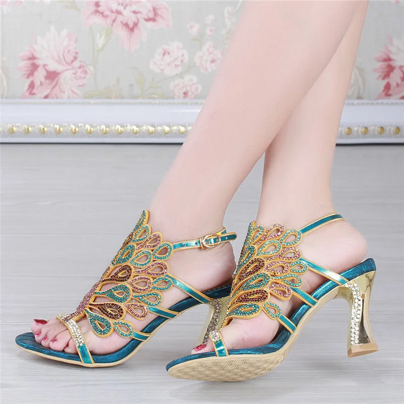 Women prom rhinestone peacock slingback peep toe chunky high heels