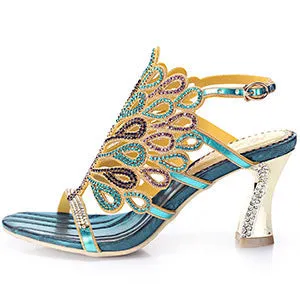 Women prom rhinestone peacock slingback peep toe chunky high heels