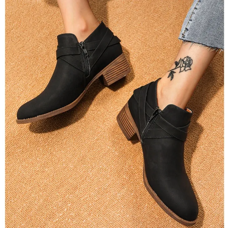 Women retro ankle boots | Roman crisscross buckle strap side zipper chunky heeled booties