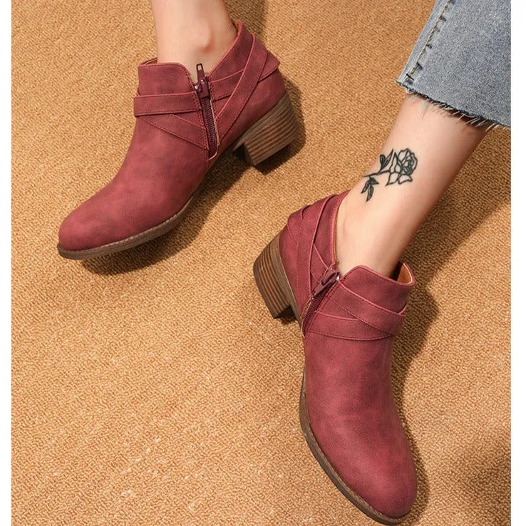 Women retro ankle boots | Roman crisscross buckle strap side zipper chunky heeled booties