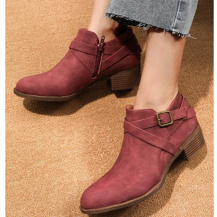 Women retro ankle boots | Roman crisscross buckle strap side zipper chunky heeled booties