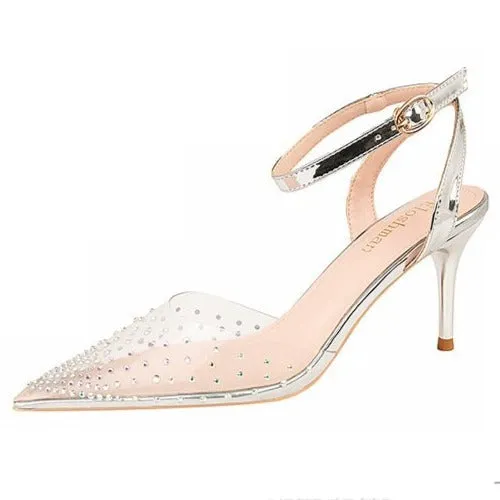 Women rhinestone clear closed toe side hollow slingback buckle strap stiletto heels