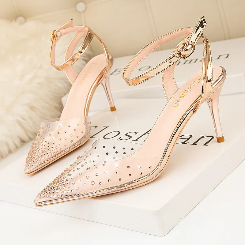 Women rhinestone clear closed toe side hollow slingback buckle strap stiletto heels