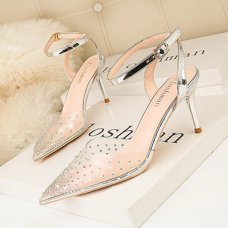 Women rhinestone clear closed toe side hollow slingback buckle strap stiletto heels