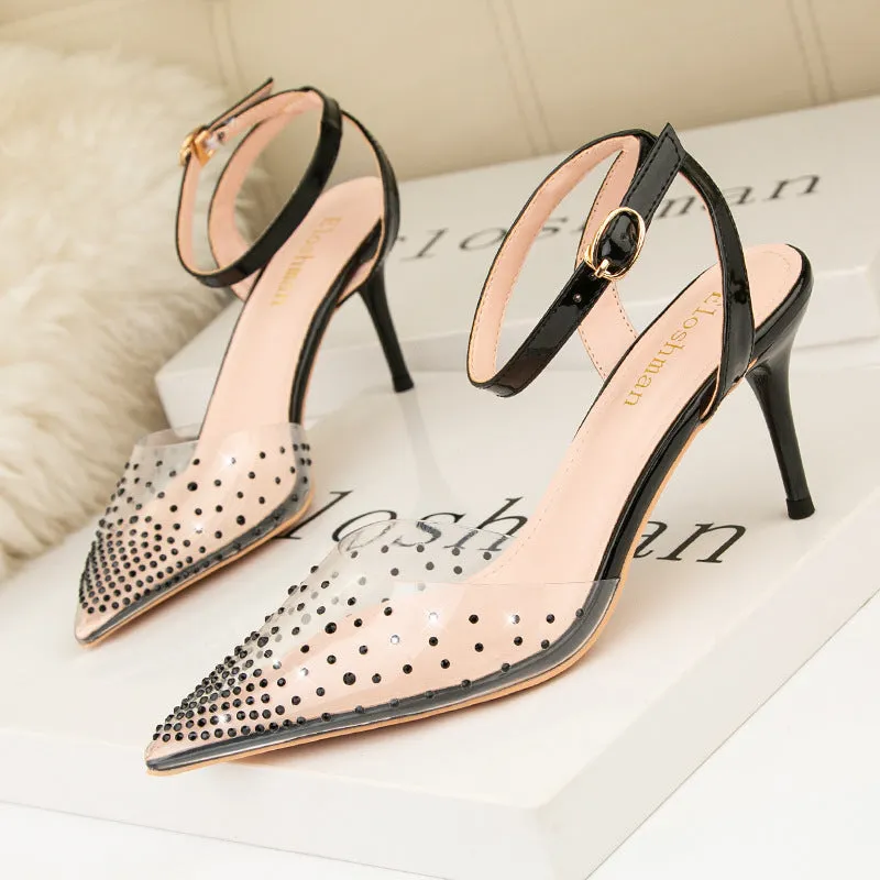 Women rhinestone clear closed toe side hollow slingback buckle strap stiletto heels