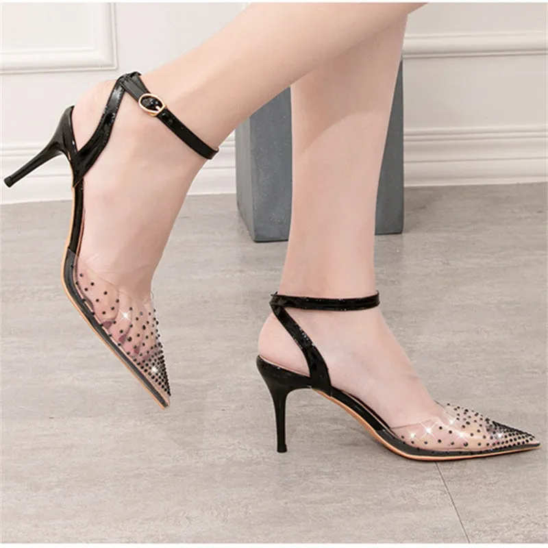 Women rhinestone clear closed toe side hollow slingback buckle strap stiletto heels