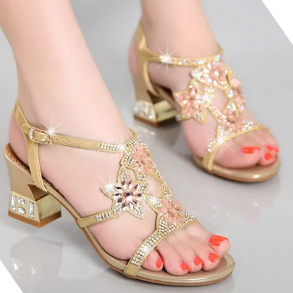 Women rhinestone flower hollow buckle open toe chunky ankle strap heels