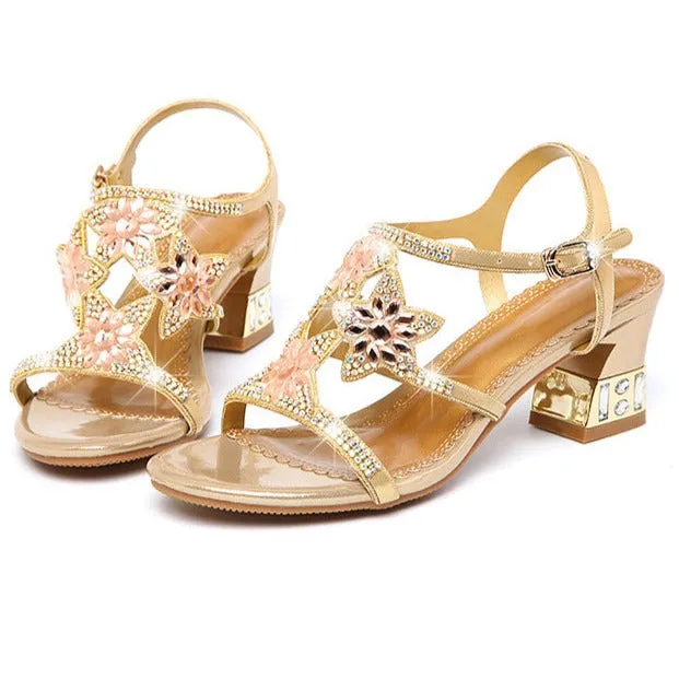 Women rhinestone flower hollow buckle open toe chunky ankle strap heels