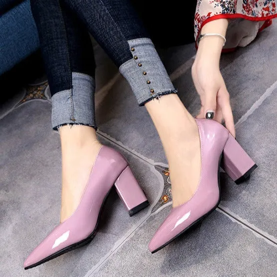 Women solid color pointed toe slip on chunky heels