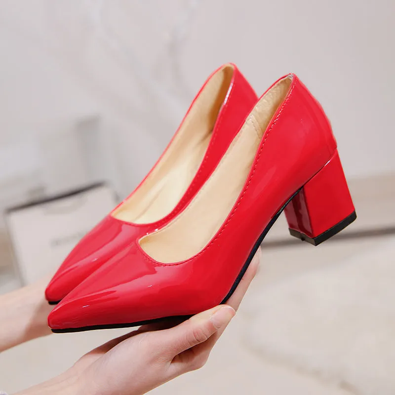 Women solid color pointed toe slip on chunky heels