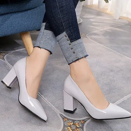 Women solid color pointed toe slip on chunky heels