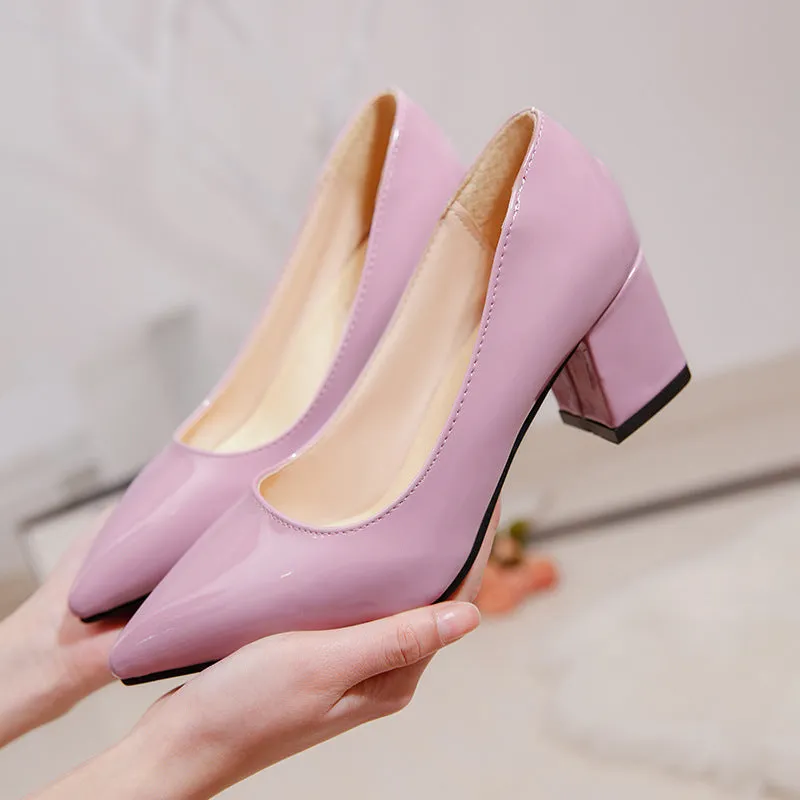 Women solid color pointed toe slip on chunky heels