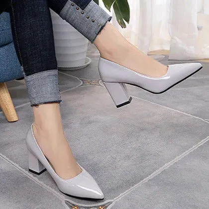 Women solid color pointed toe slip on chunky heels