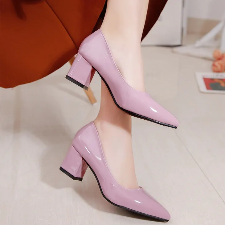 Women solid color pointed toe slip on chunky heels