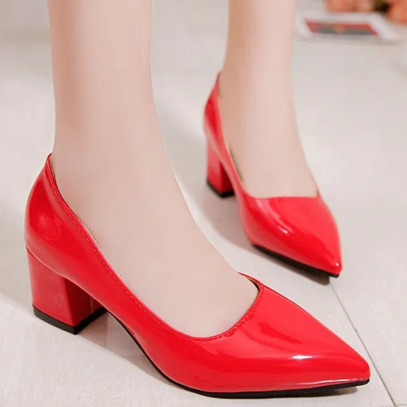 Women solid color pointed toe slip on chunky heels