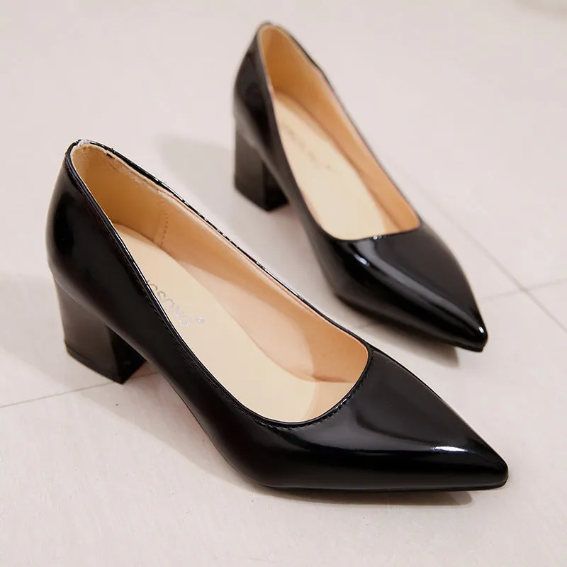 Women solid color pointed toe slip on chunky heels