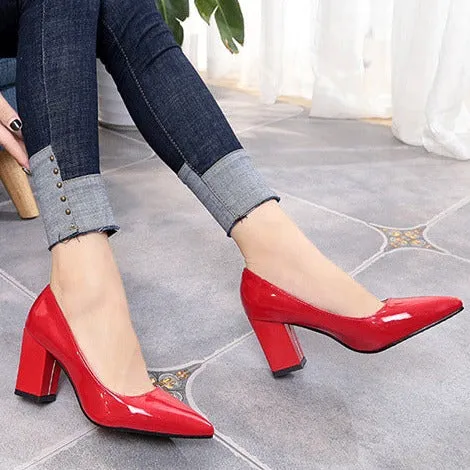 Women solid color pointed toe slip on chunky heels