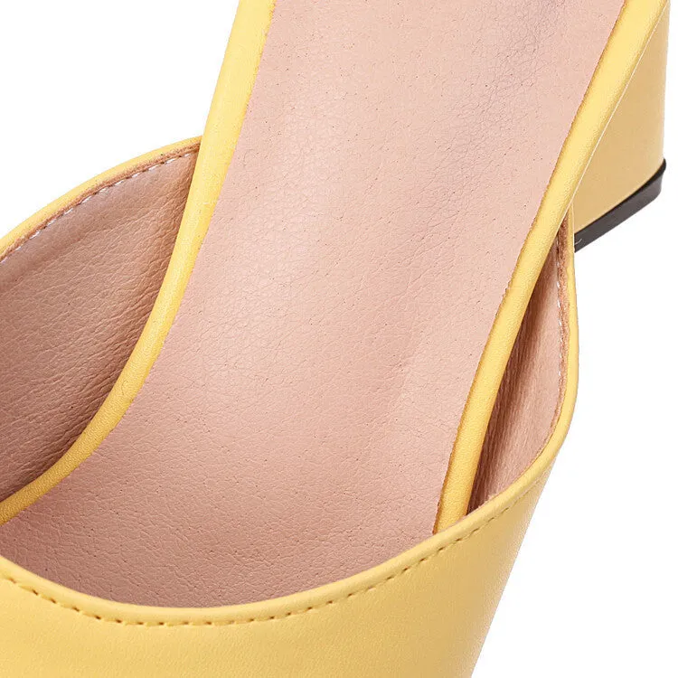 Women solid color square peep toe slip on triangle chunky heels